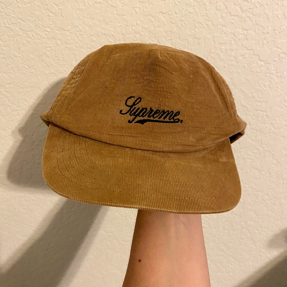 Supreme script logo brown corduroy snap back hat